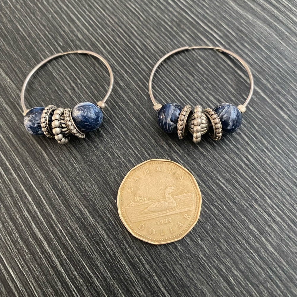 Silver and Blue Beaded Hoop Earrings